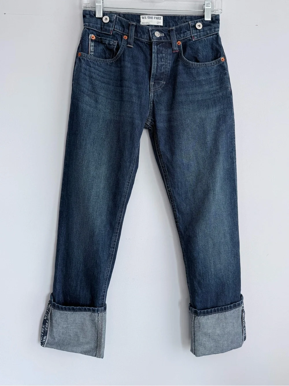 We The Free People Slim Shade Selvedge Straight Cuffed Jeans Deep Indigo 24